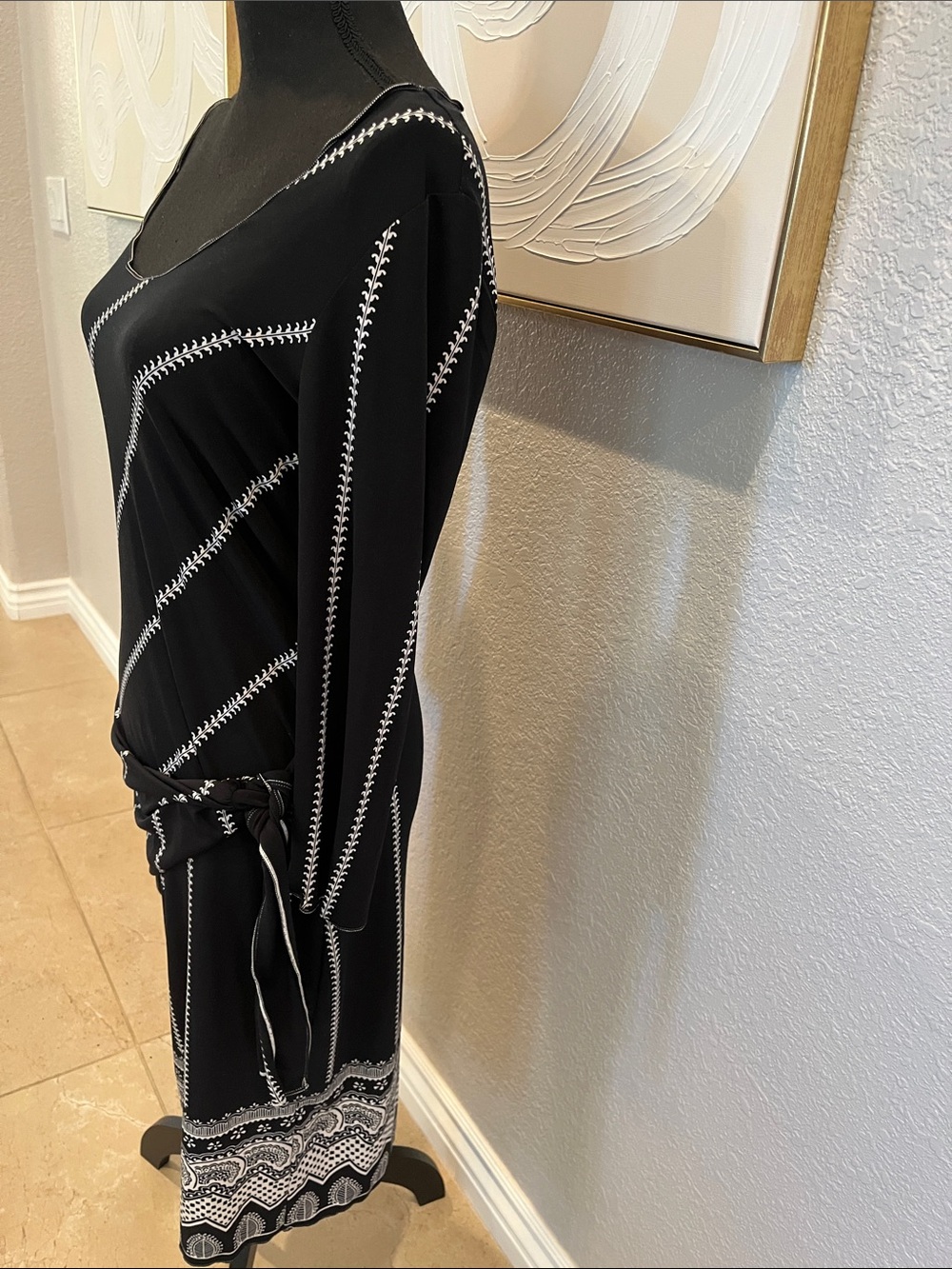 Max Studio Black Midi Dress with White Stitch-Accent and Side Tie - Picture 3 of 5